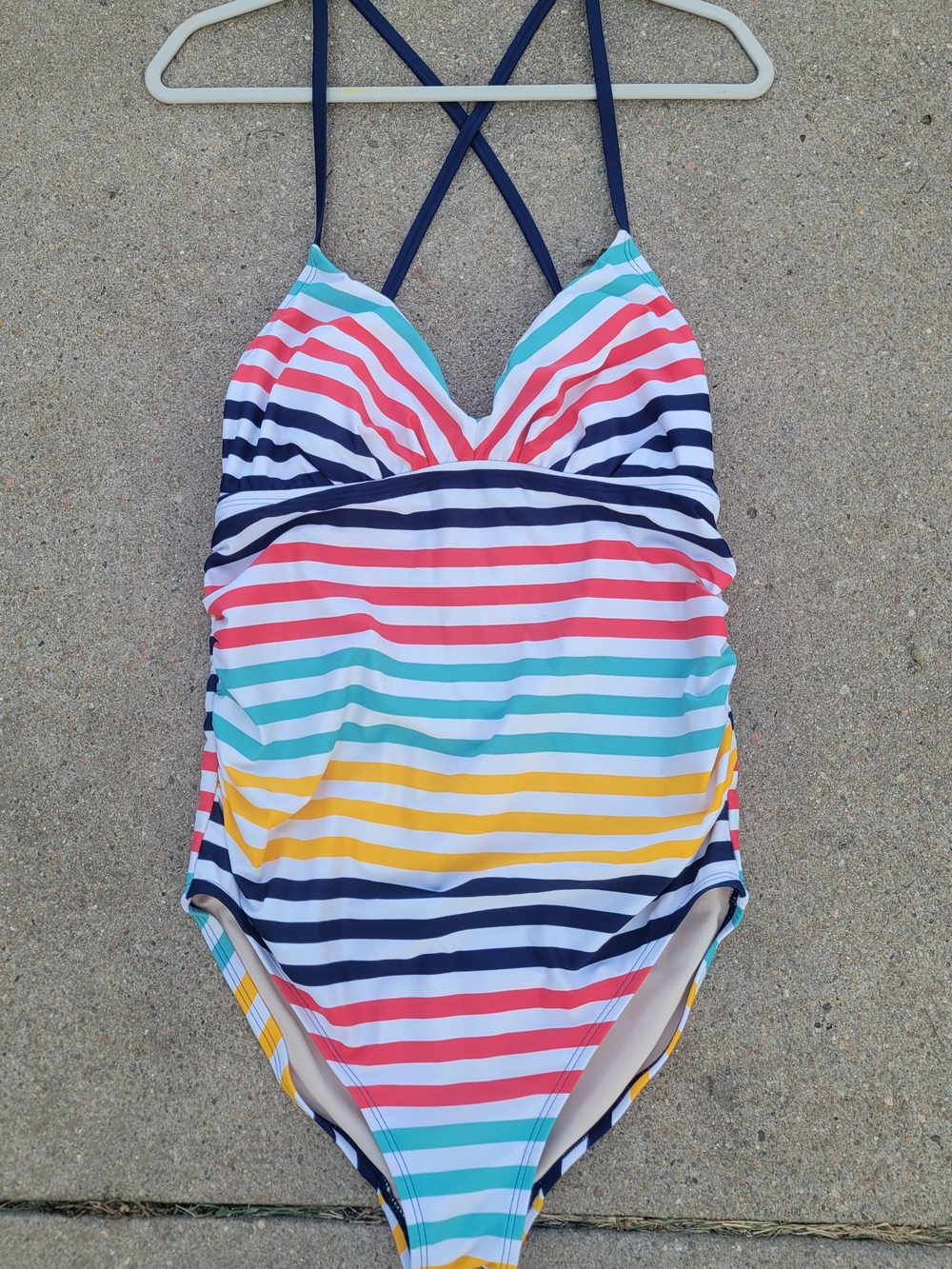 Isabel Maternity One piece swimsuit Medium V-neck Lace-Up Ruched  Striped Modest